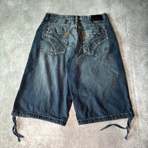 Y2K Koman Jeans Mens Baggy Denim Shorts Blue Streetwear Drawstring Hem 35 Waist